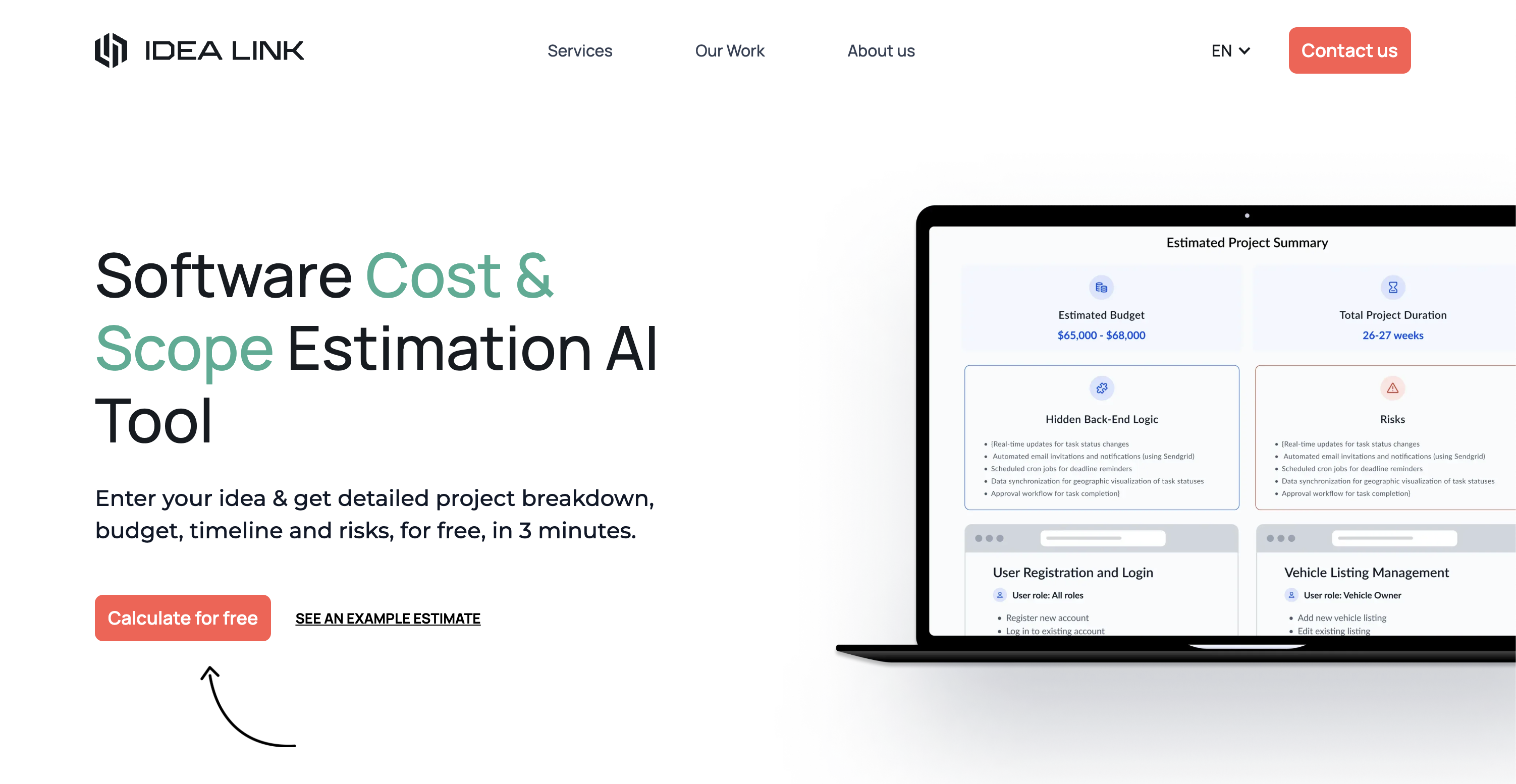 AI Software Cost Estimator Code Assistance interface showing ai software cost estimation and features