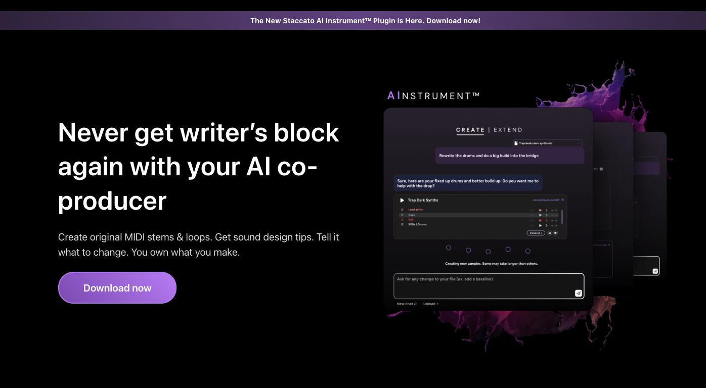 The Staccato AI Instrument™ Music Generation interface showing midi and features