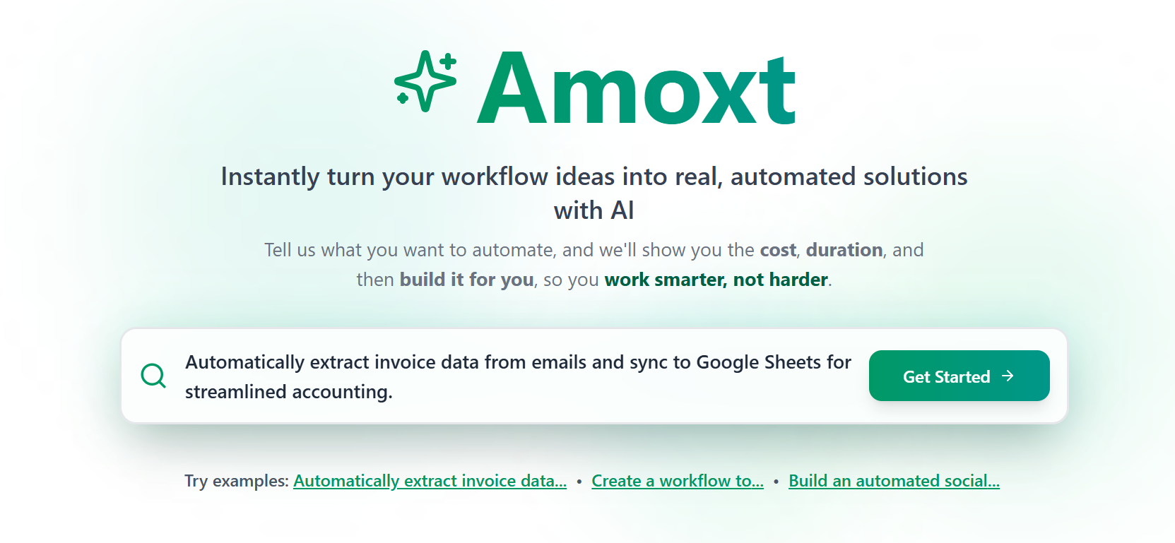 Amoxt Conversational AI showing ai automation - Amoxt turns your task ideas into fully-built AI automations with cost, scope,
