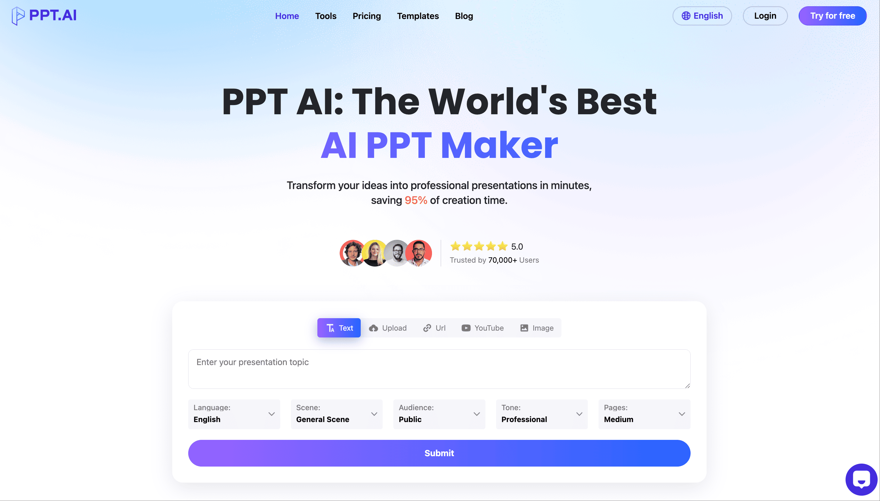PPT AI Design interface showing production and features