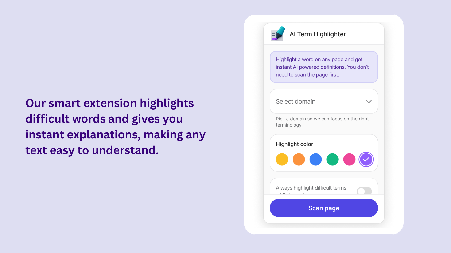 AI Term Highlighter Writing & Translation interface showing ai and features