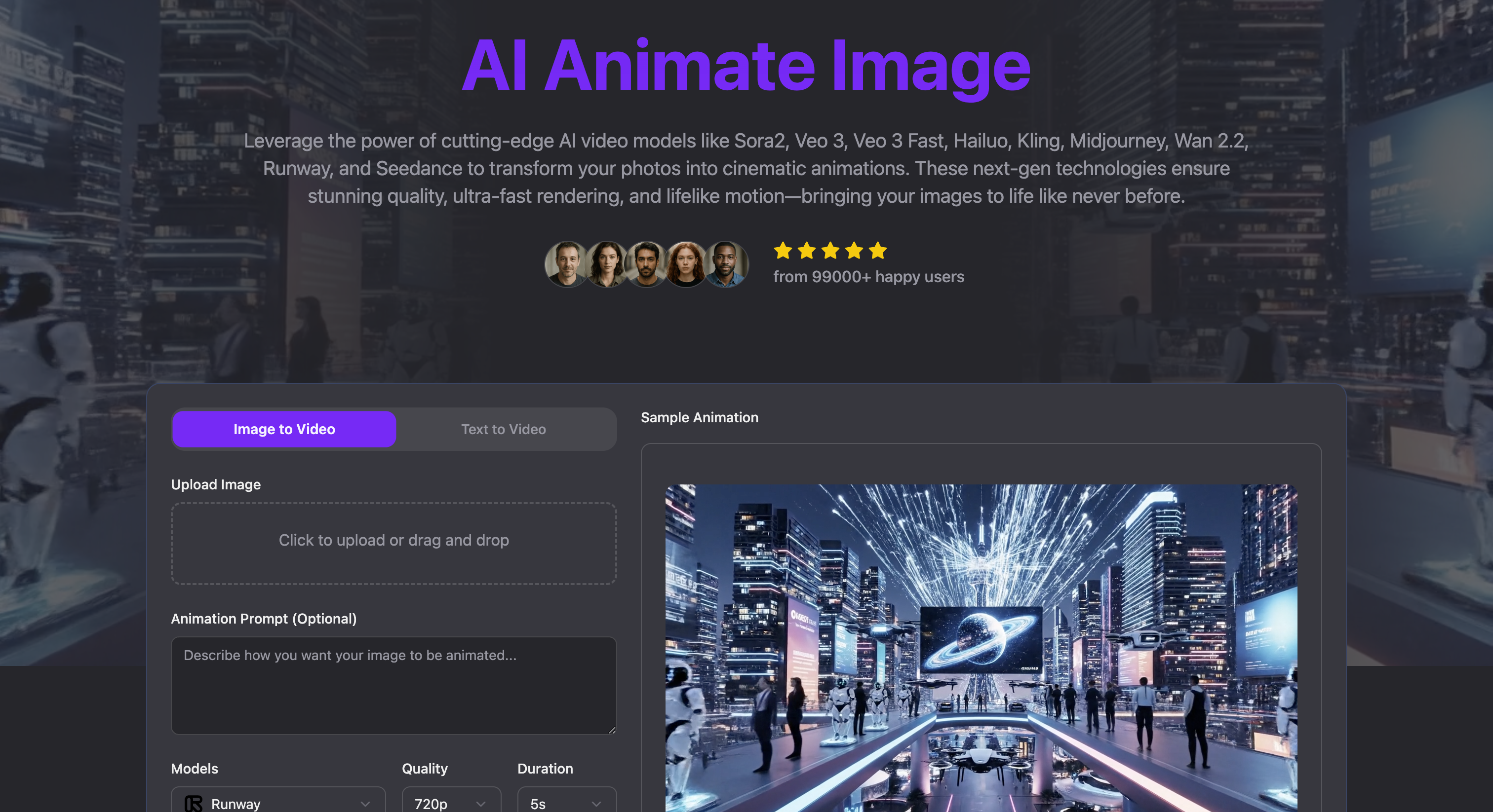 Animate Image AI Video Generation interface showing Video Generation and features