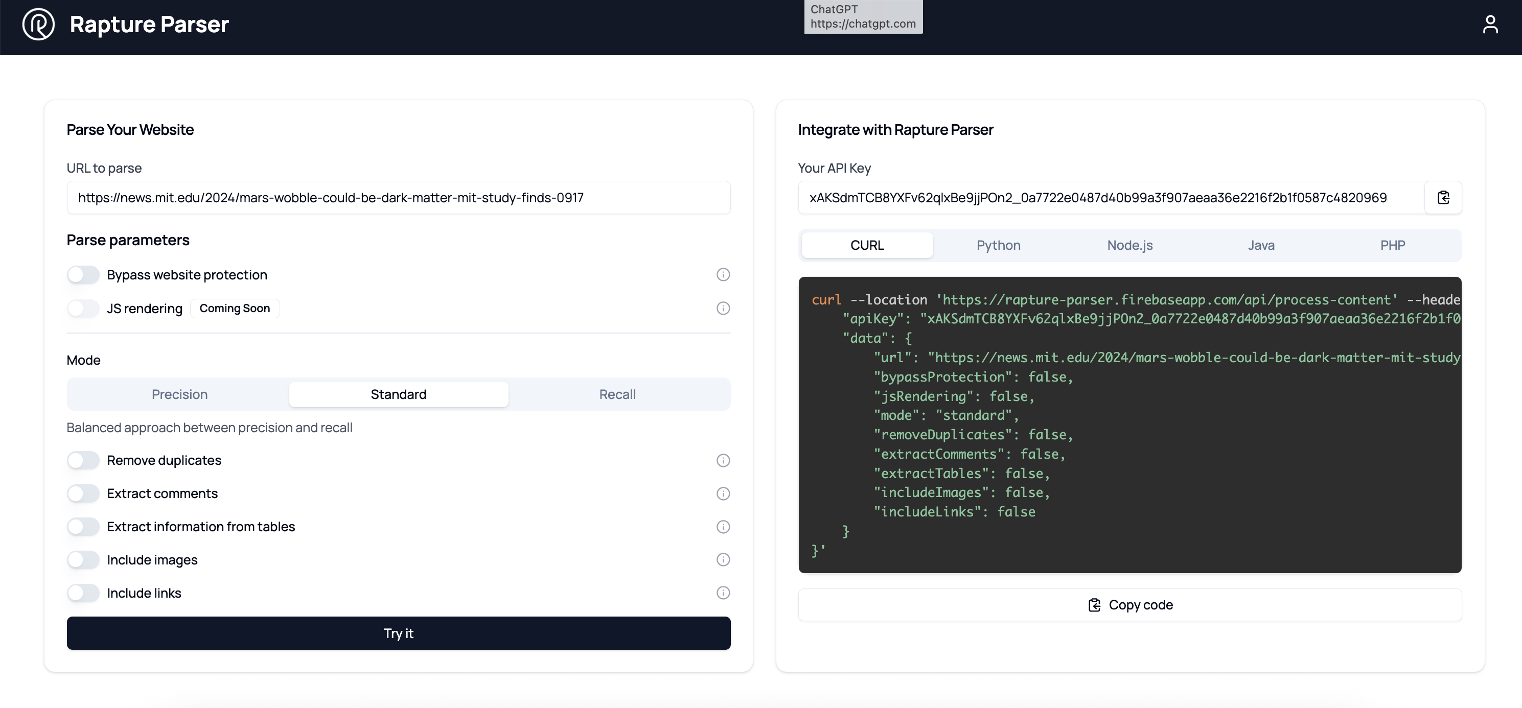 Rapture Parser Data Analytics showing parser - Transform any website to structured data in a few seconds