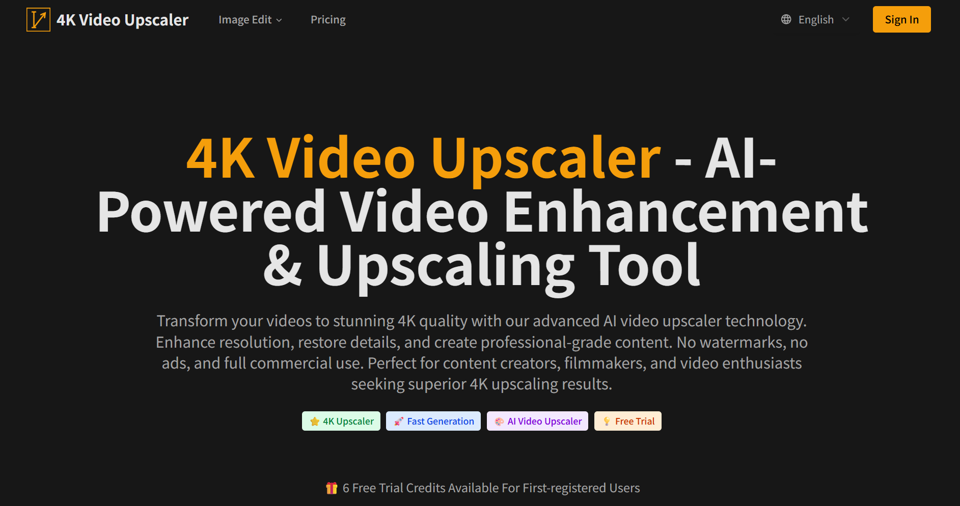4K Upscaler Video Editing interface showing Video Editing and features