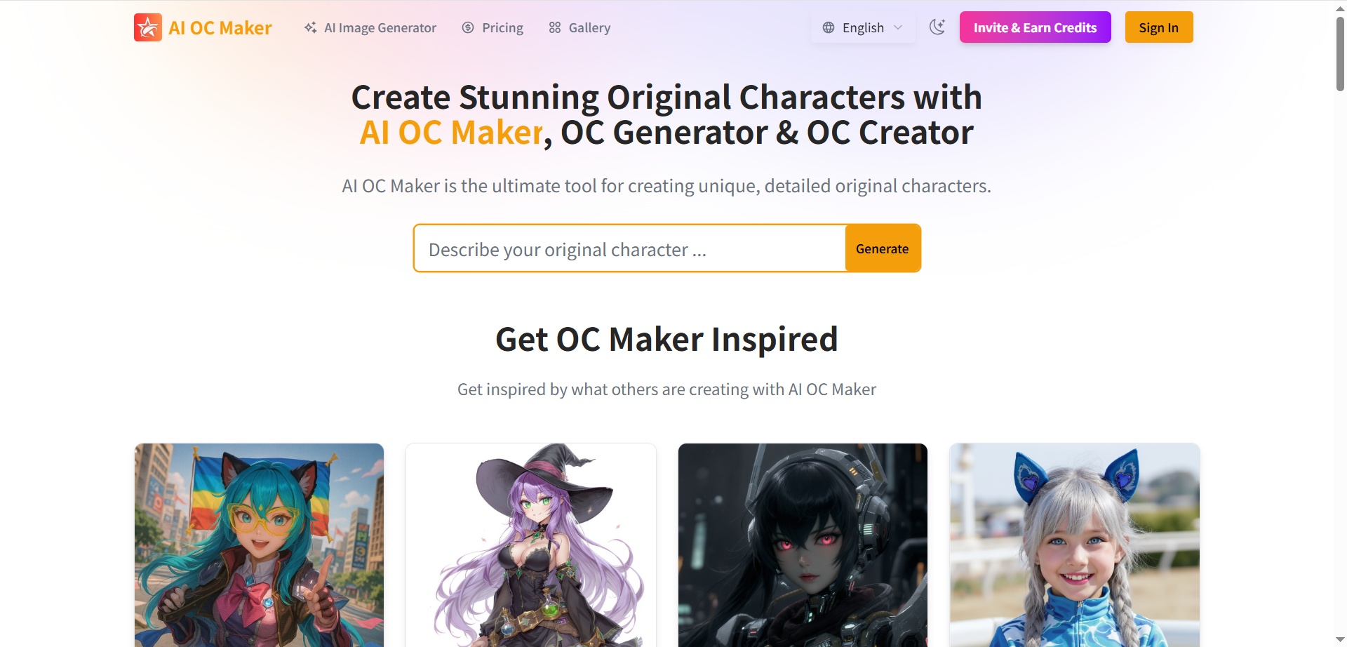 AI OC Maker Design interface showing Design and features