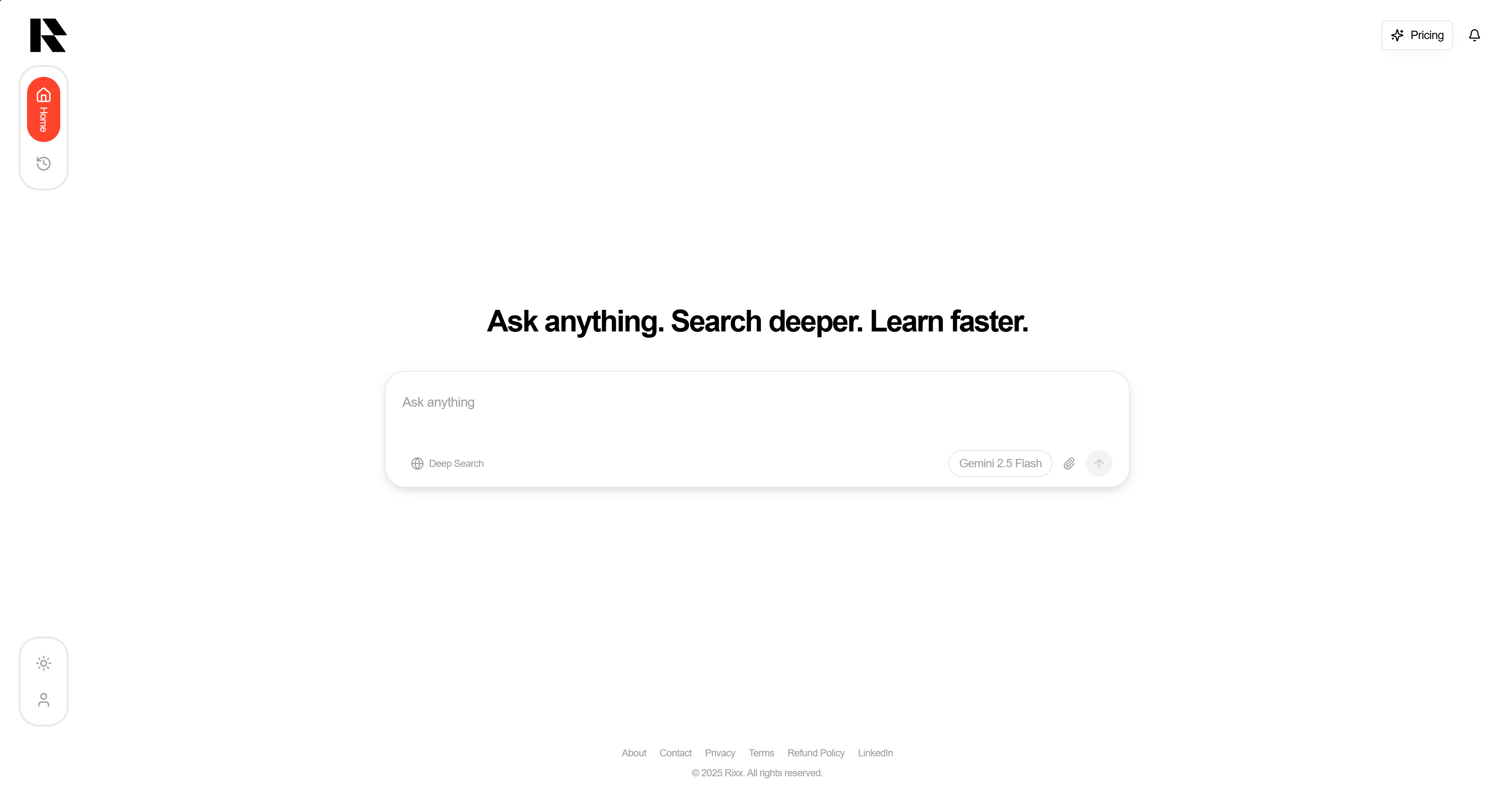 Rixx Conversational AI showing ai search - AI-Powered Search & Research Engine