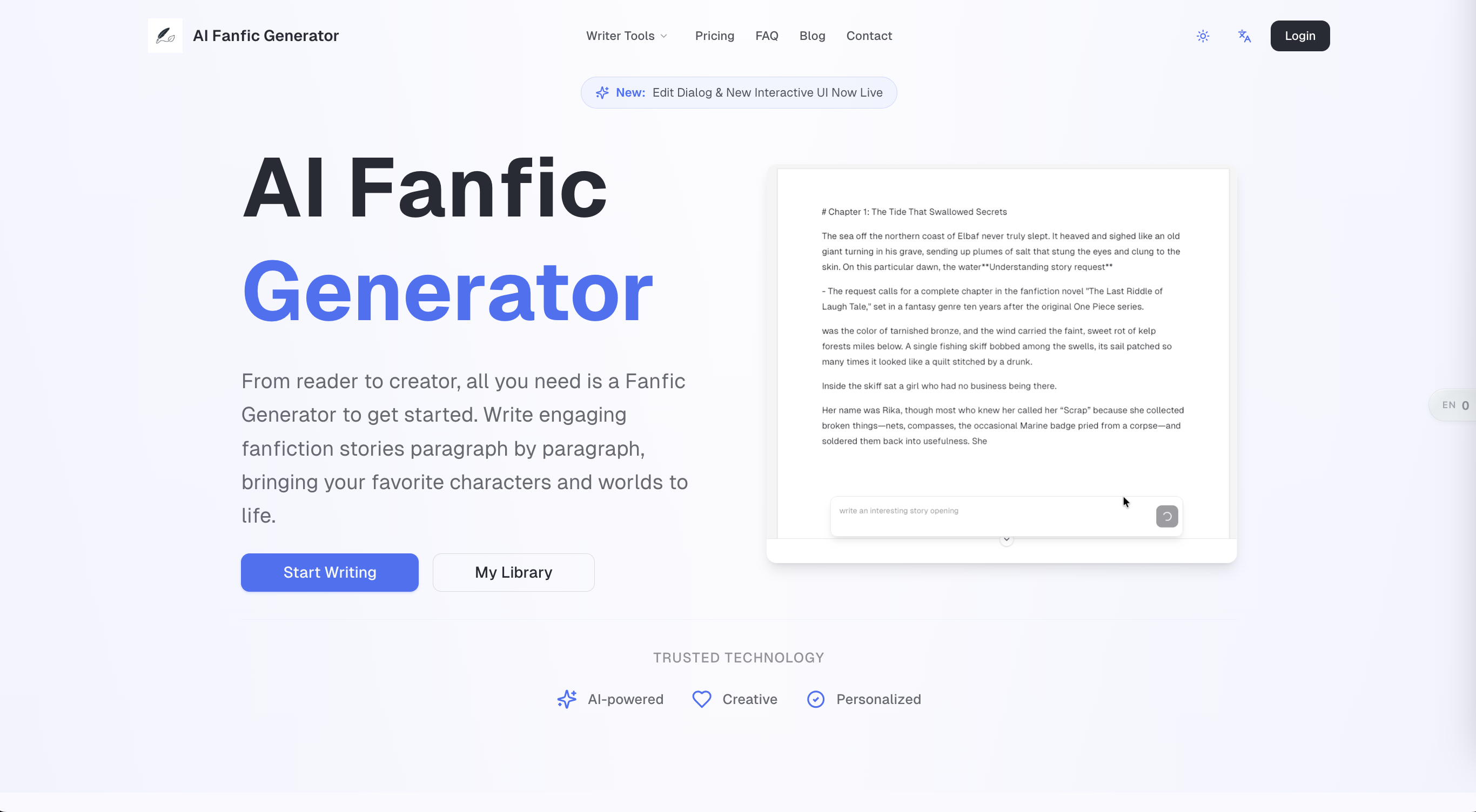 fanfic generator Writing & Translation interface showing ai writer and features