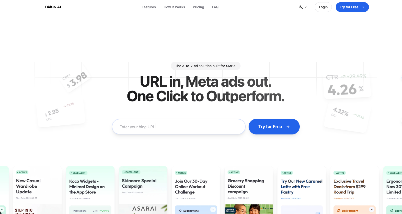 Didoo AI Marketing Automation showing ai agent - URL in, Meta ads out. One Click to Outperform. The A-to-Z ad solution built 