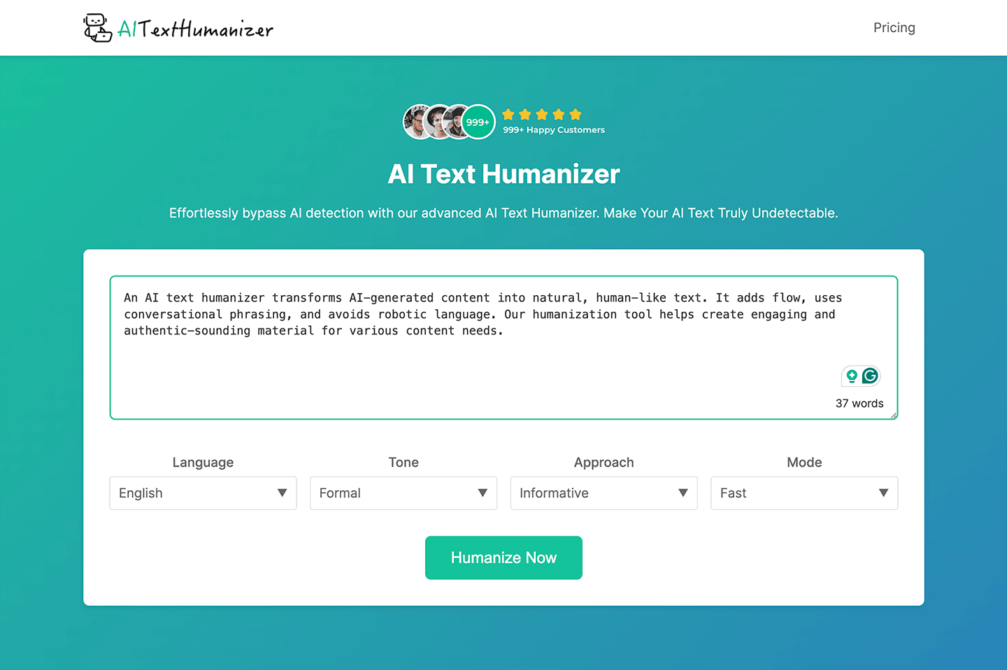 AI Text Humanizer Conversational AI interface showing ai text humanizer and features