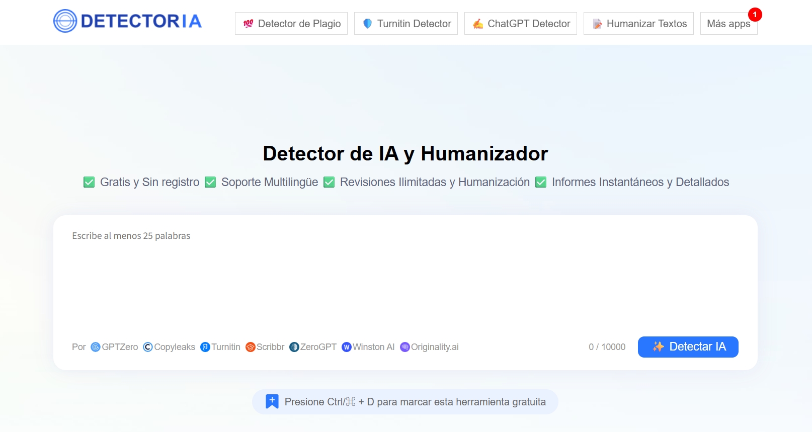 Detectordeia Writing & Translation interface showing detector de ia and features