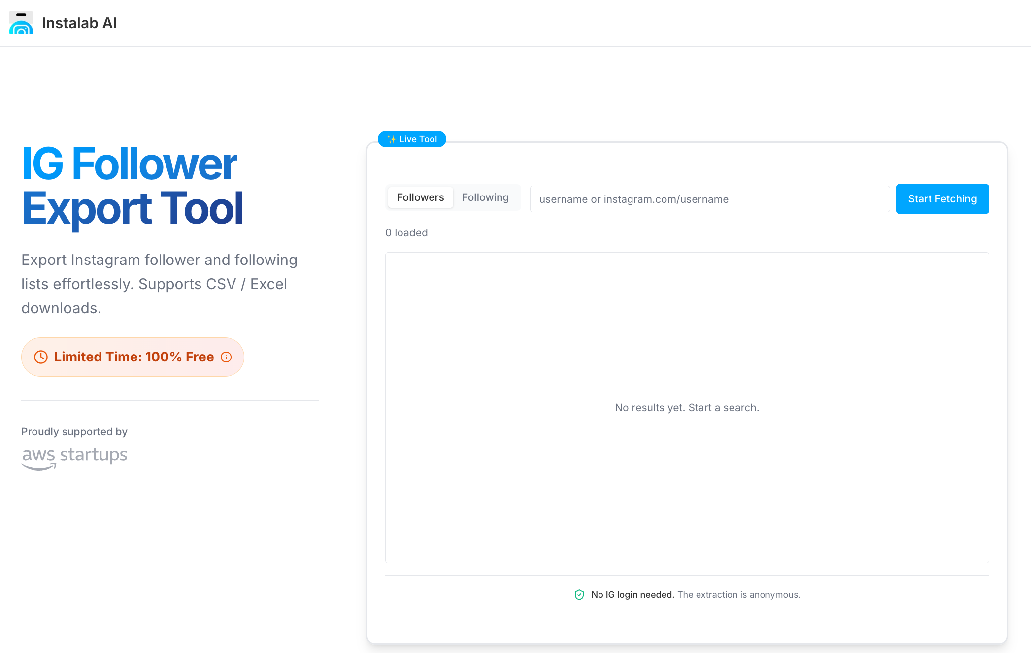 IG Follower Export Tool by Instalab AI Marketing Automation showing social media - Export Instagram followers and following l