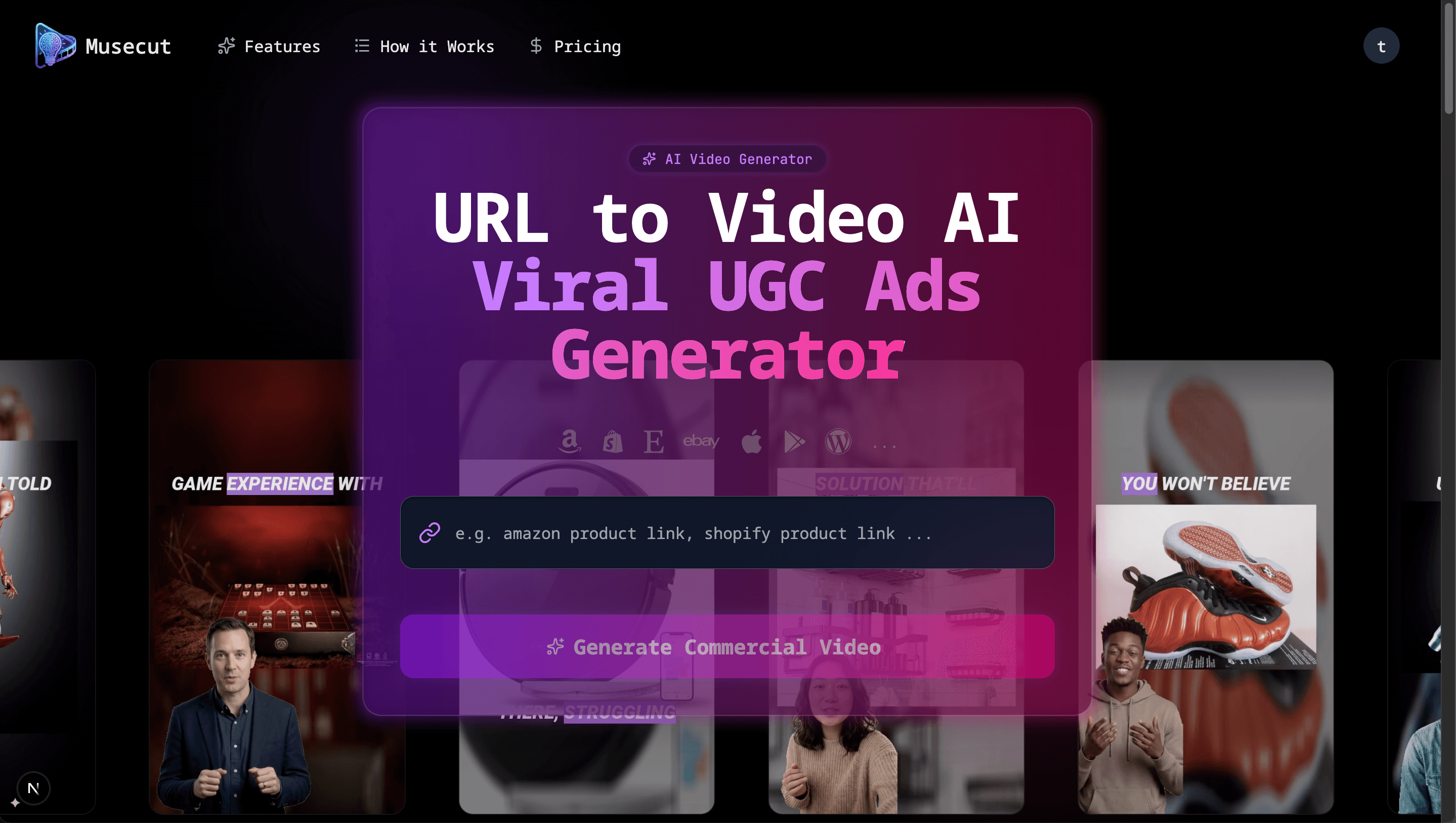 musecut Audio Generation interface showing Audio Generation and features