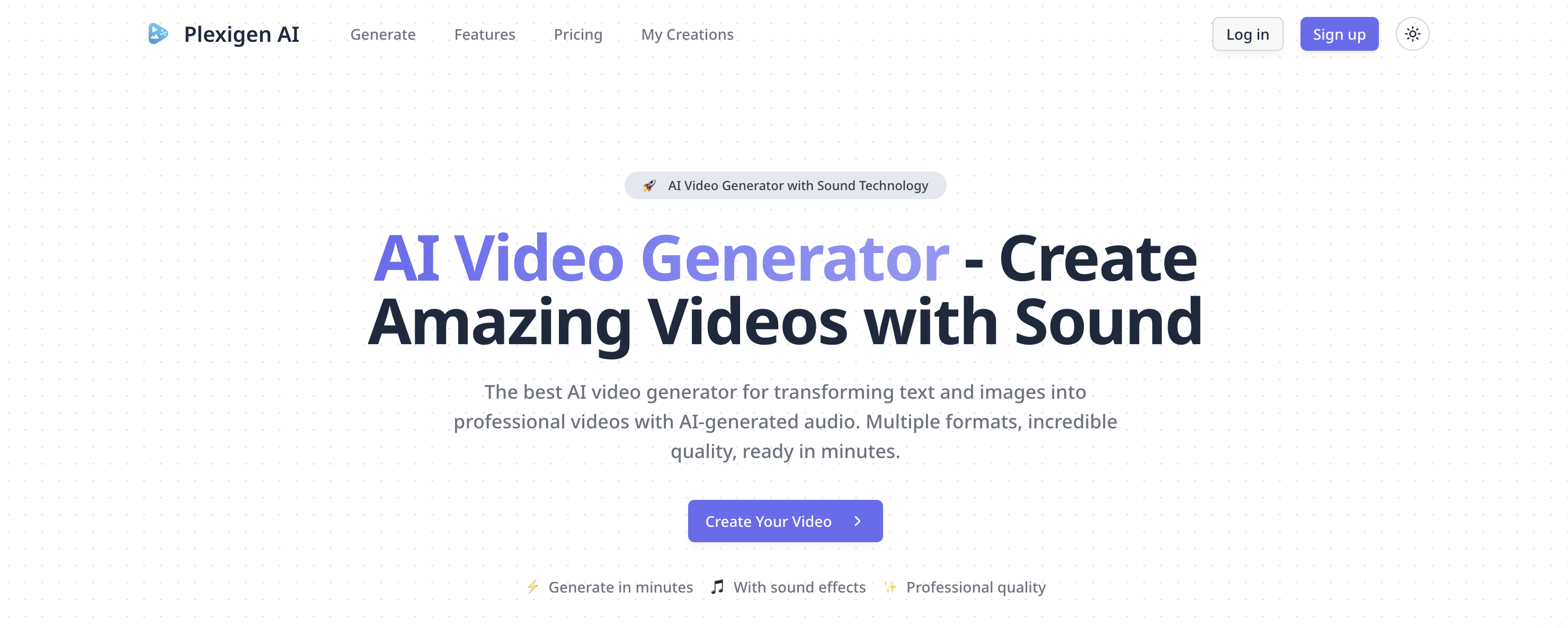 Plexigen AI - AI Video Generator with Sound Video Generation showing ai video generator - Create Stunning AI Videos from Text