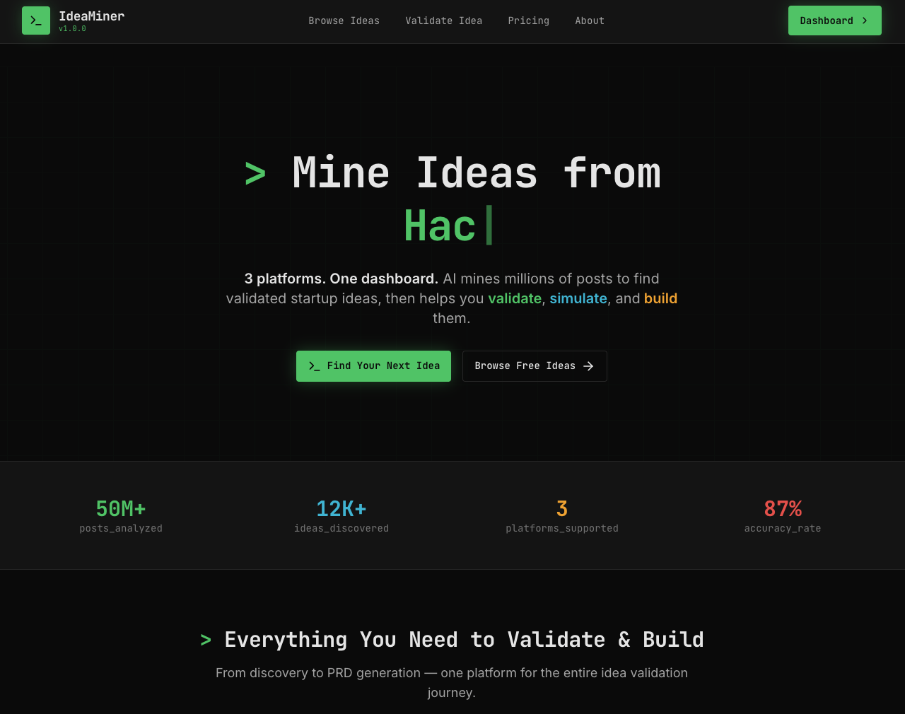 IdeaMiner Search & Discovery interface showing Search & Discovery and features