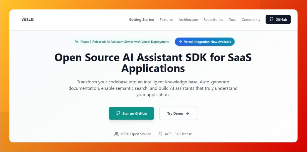 Vezlo AI SDK Code Assistance showing ai chatbot  ai voice agent  ai chat agent  customer support automation  conversational a