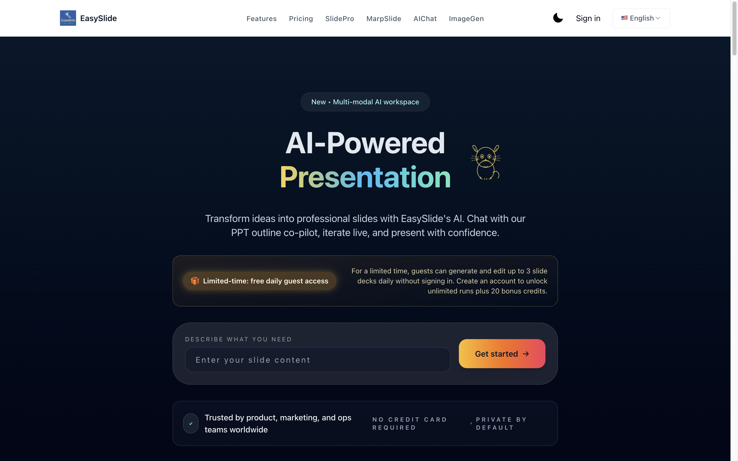 easyslide Design showing ai presentation - Transform Ideas into Presentations in Minutes