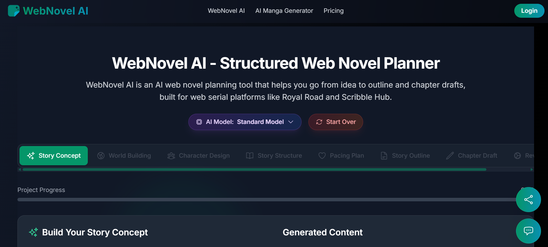 Webnovel AI Writing & Translation interface showing Writing & Translation and features