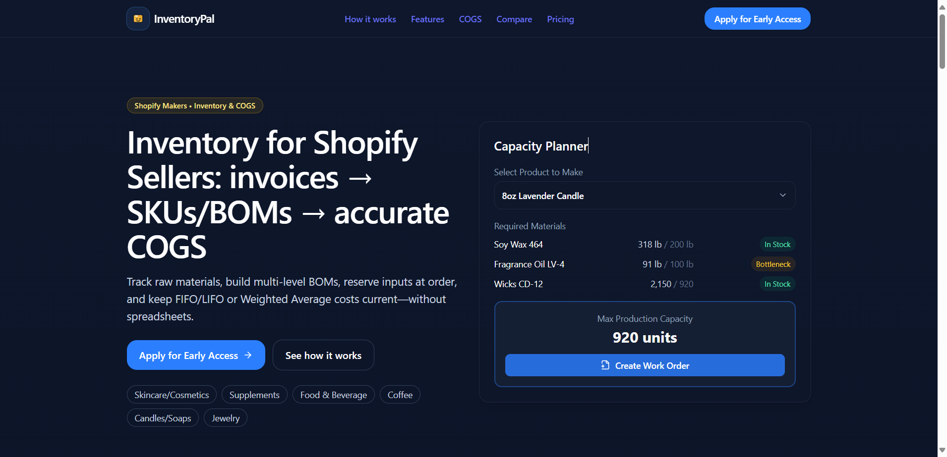 Inventorypal for Shopify Data Analytics showing saas - Shopify-first inventory & COGS platform for makers — turn invoices int
