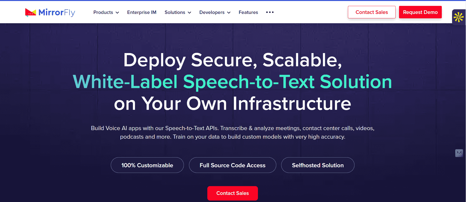 MirrorFly Speech to Text Conversational AI showing speech to text - #1 self-hosted, white-label Speech-to-Text API for web an