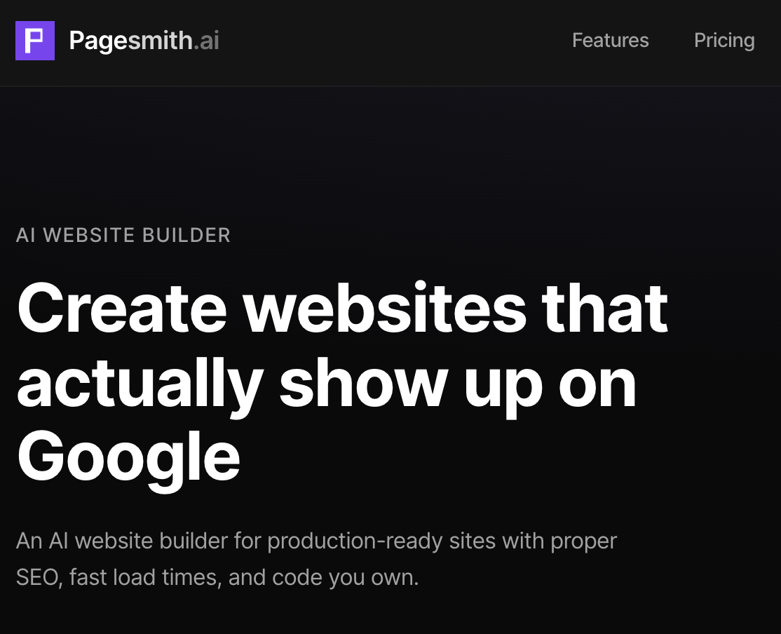 Pagesmith.ai Design interface showing Design and features