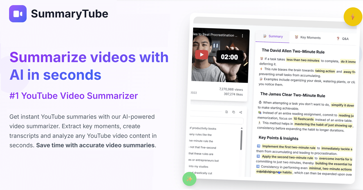SummaryTube Productivity & Collaboration showing video summary - Summarize YouTube videos in seconds with AI