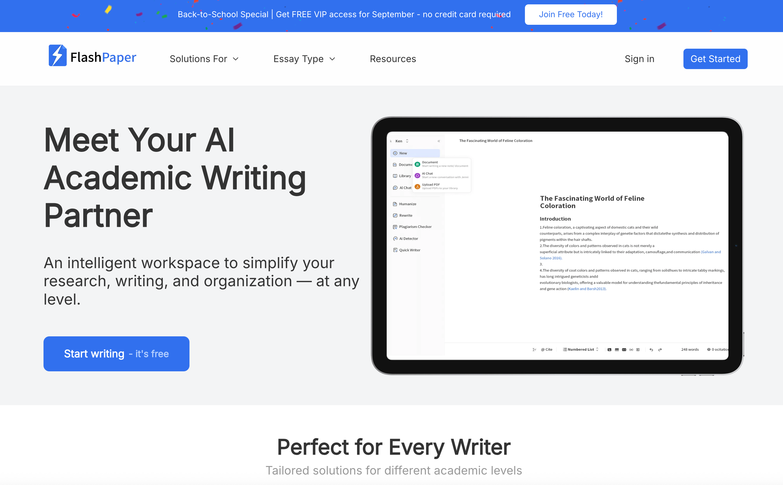 FlashPaper Writing & Translation showing ai-powered writing - Free AI Essay Writing Tool