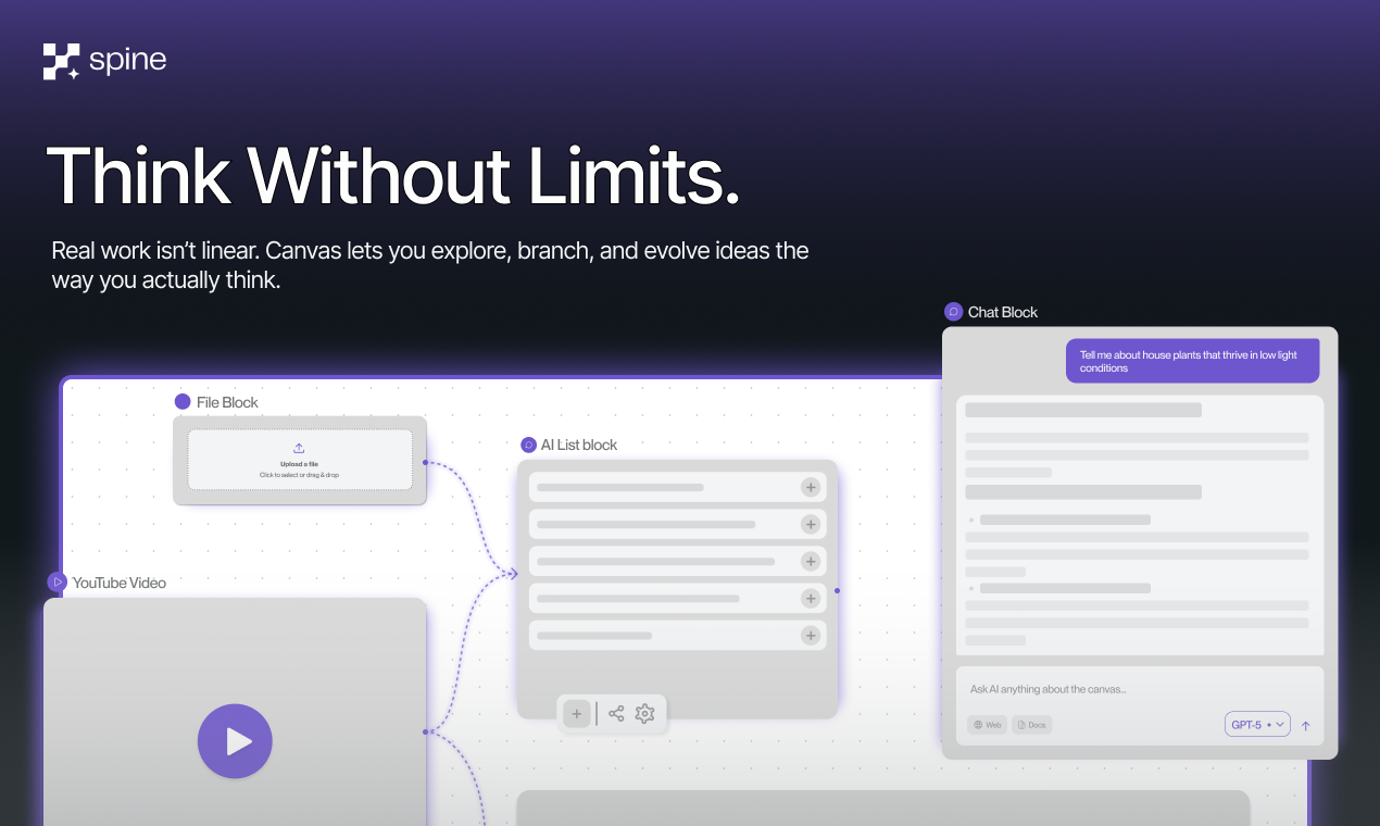 Spine AI Design showing canvas - The unlimited thinking workspace
