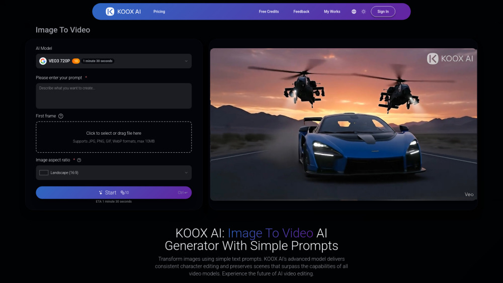 KOOX AI Image Generation showing video generator - One‑stop AI video creation suite for image‑to‑video and more.