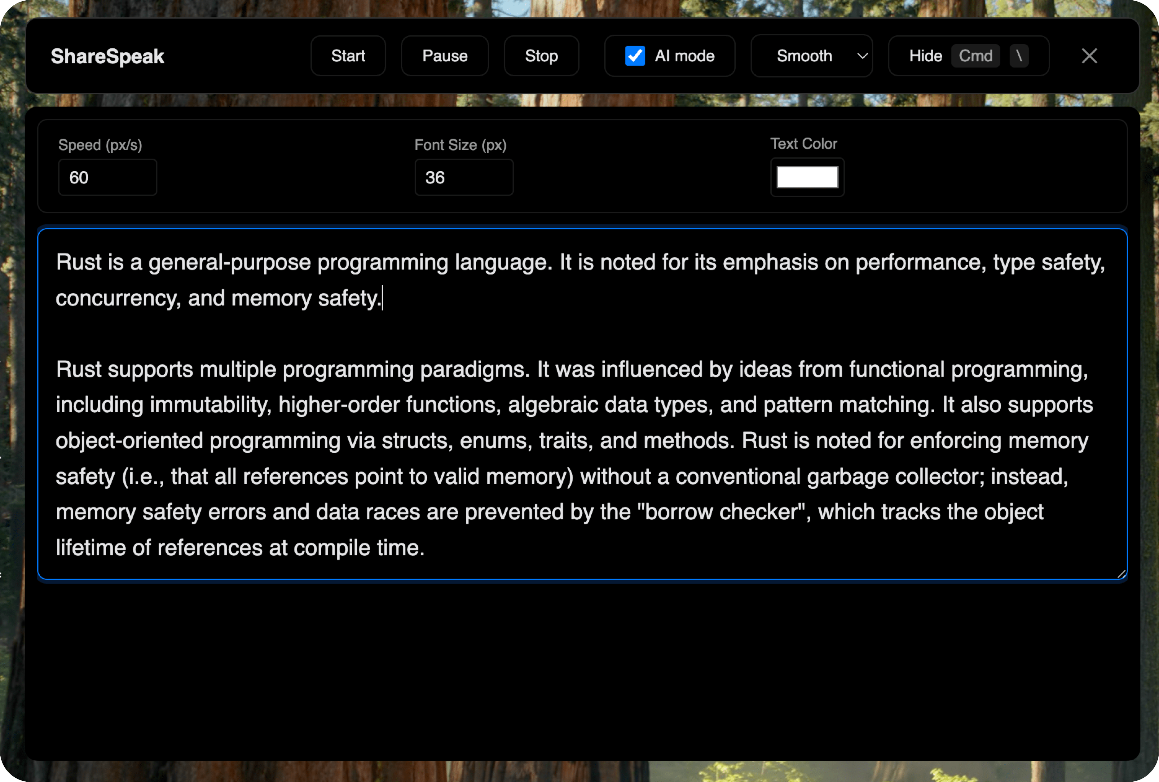 ShareSpeak Writing & Translation showing ai teleprompter - AI-powered invisible teleprompter app designed for desktop users