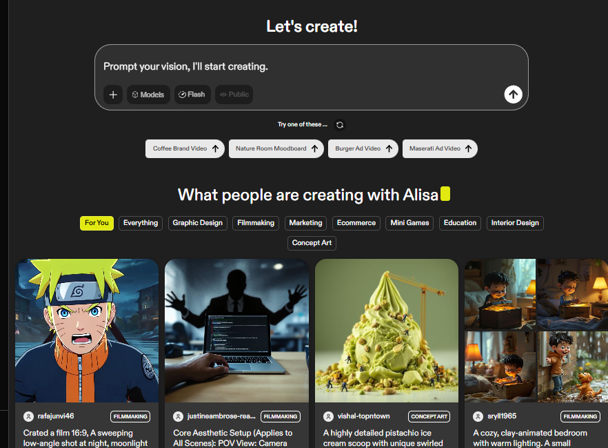 Alisa by Genova Labs 3D Generation showing ai iamges - Let's create Images