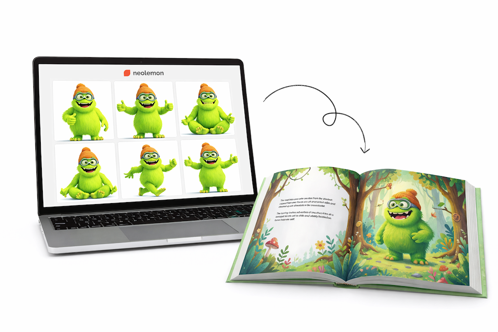 Neolemon Design showing consistent characters - AI cartoon generator that keeps characters consistent across every story scen