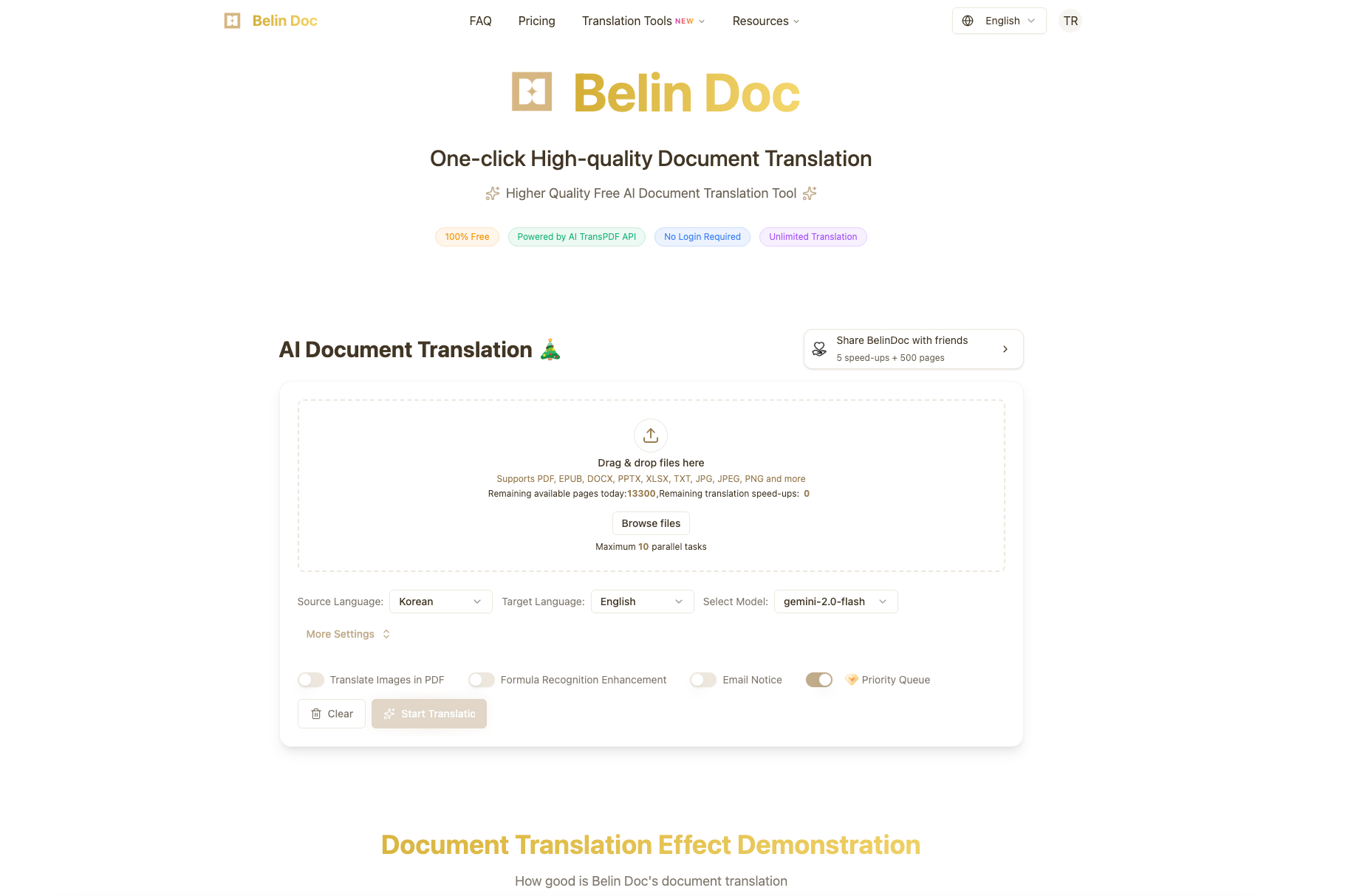 Belin Doc Writing & Translation showing ai document translation - Free AI Document Translator | PDF, DOCX, EPUB Support