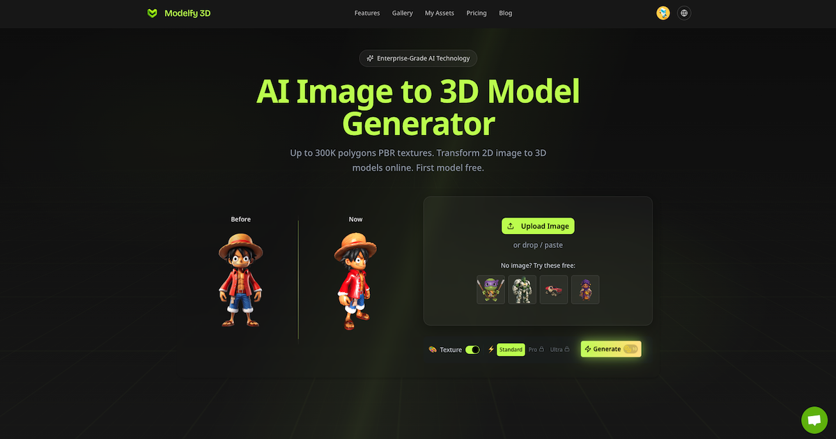 https://modelfy.art/ 3D Generation interface showing 3D Generation and features