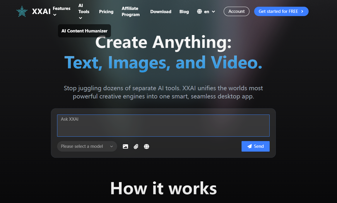 XXAI Audio Generation interface showing ai text and features