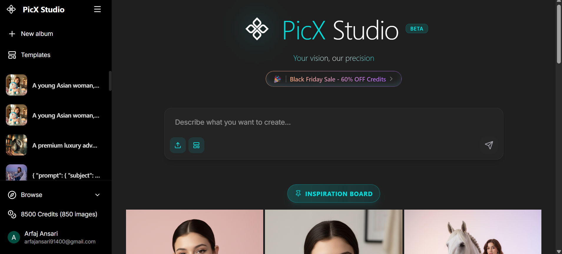 PicX Studio Image Generation interface showing ai image generator and features