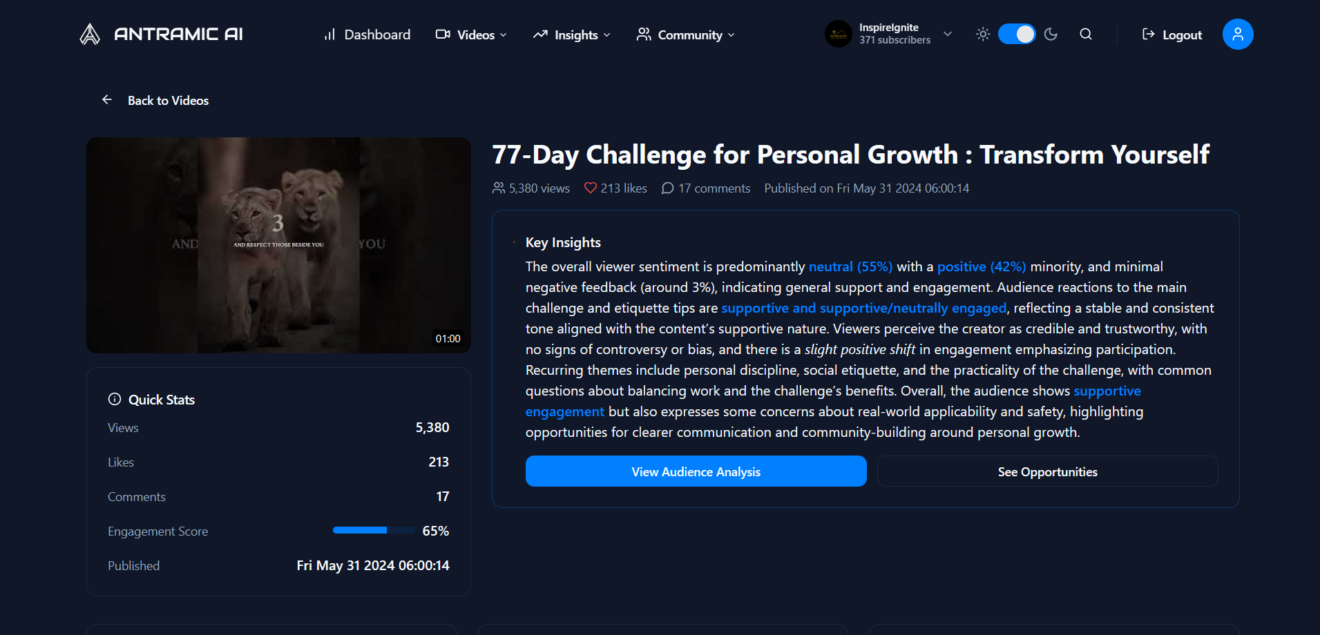 ANTRAMIC AI Data Analytics showing youtube comments - Built for Creators Who Think Deeper