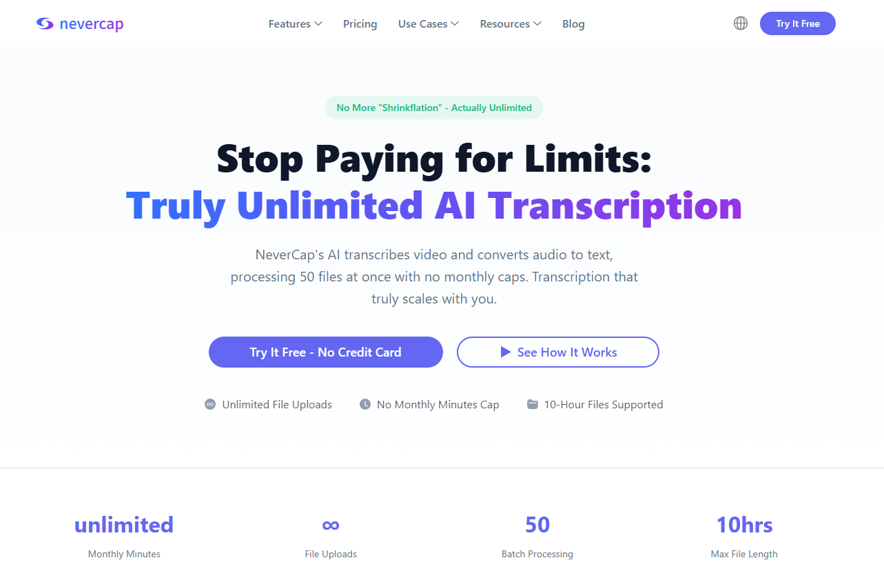 NeverCap Audio Editing interface showing Audio Editing and features