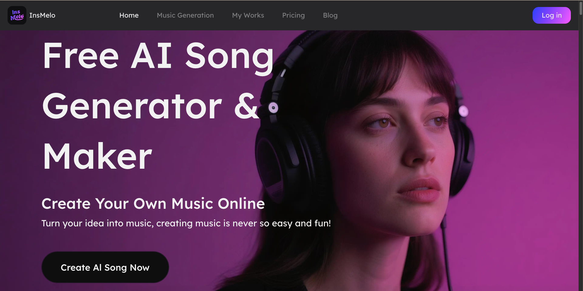 InsMelo Music Generation interface showing Music Generation and features