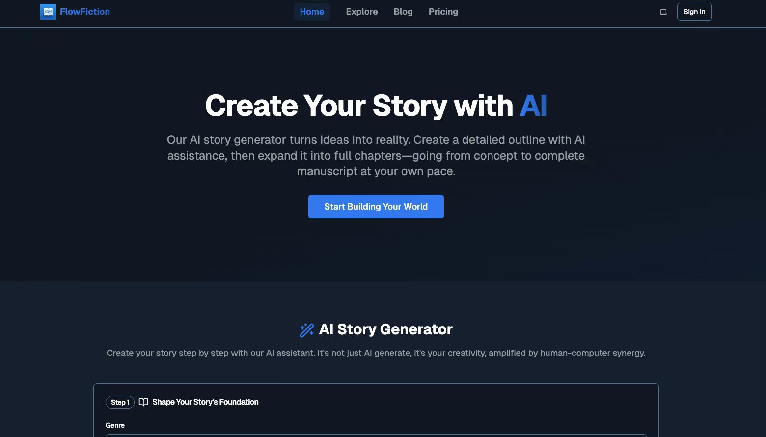 Flow Fiction:AI Story Generator Writing & Translation interface showing Writing & Translation and features