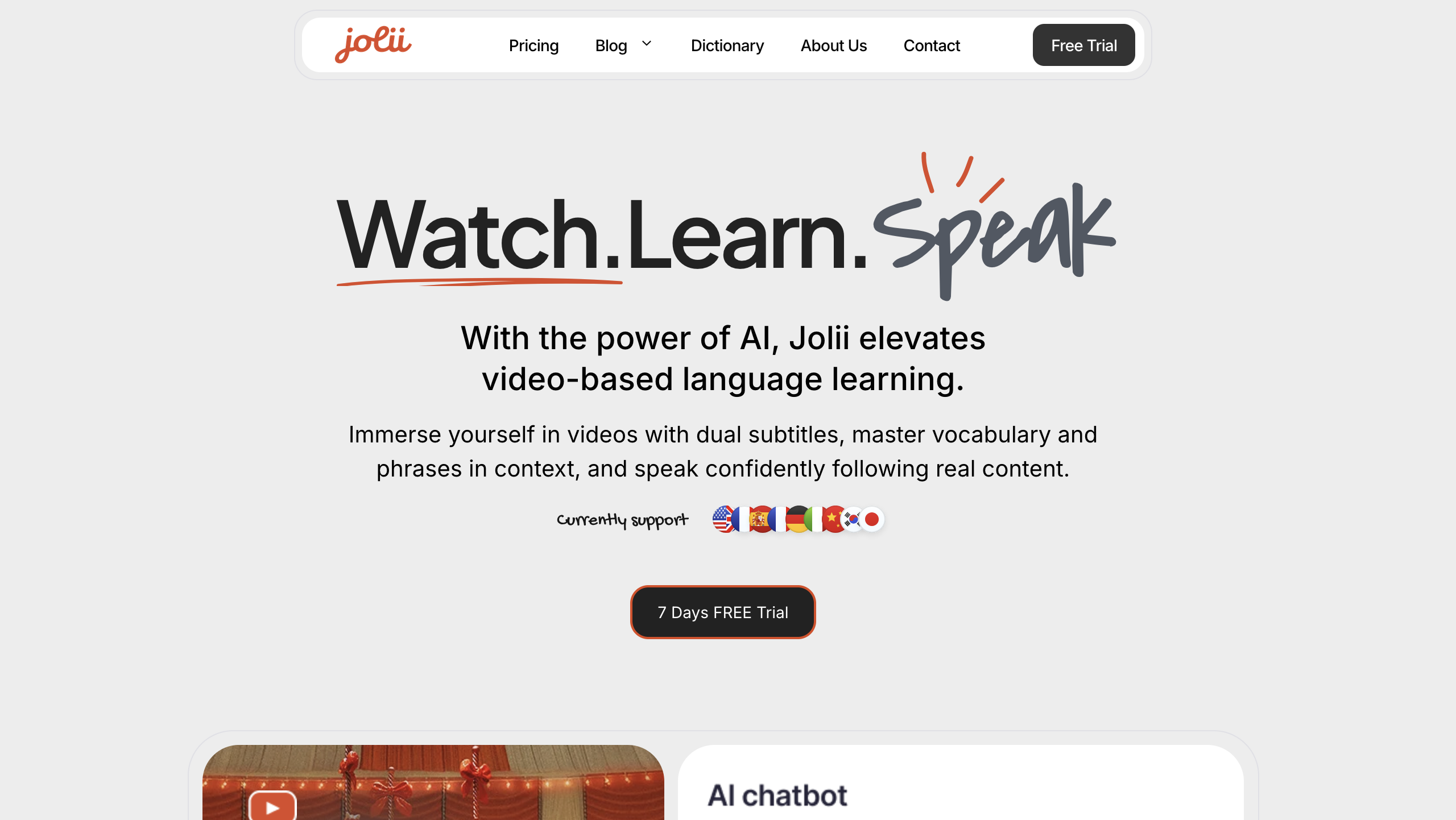 Jolii AI Conversational AI showing language learning - Watch. Learn. Speak. Learn a language with Jolii.