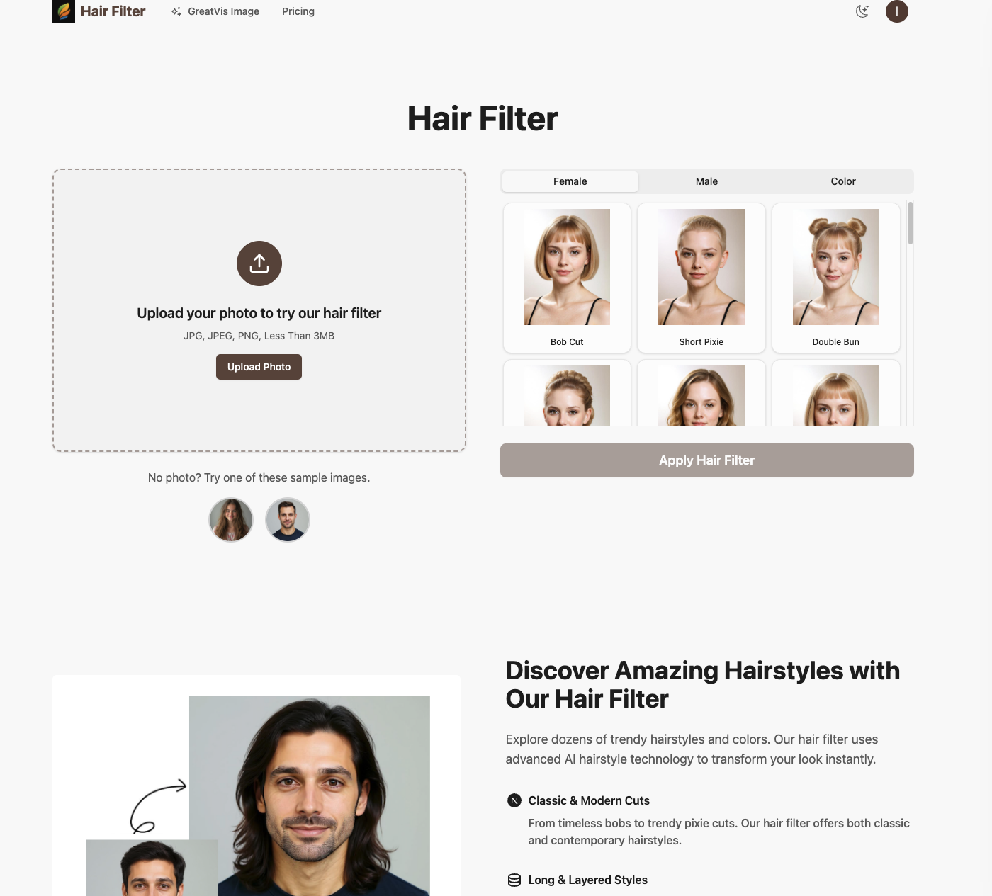 hair filter Design interface showing ai and features