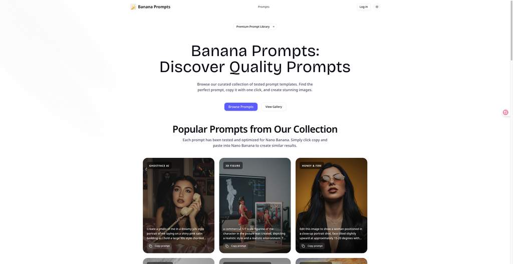 banana prompts Design interface showing Design and features