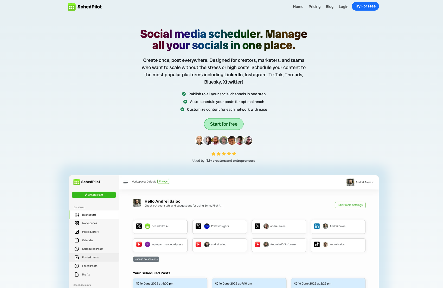 SchedPilot Marketing Automation showing social media - a social media scheduler that works with AI