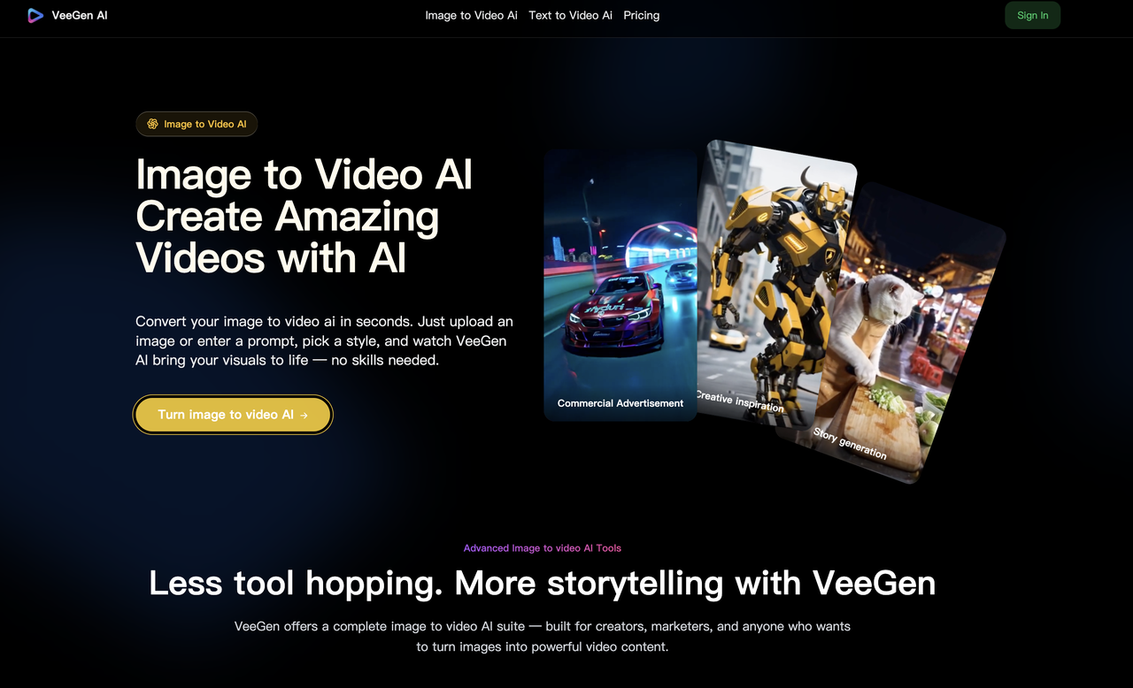 Image to Video AI Generator Online | VeeGen Image Generation interface showing Image Generation and features