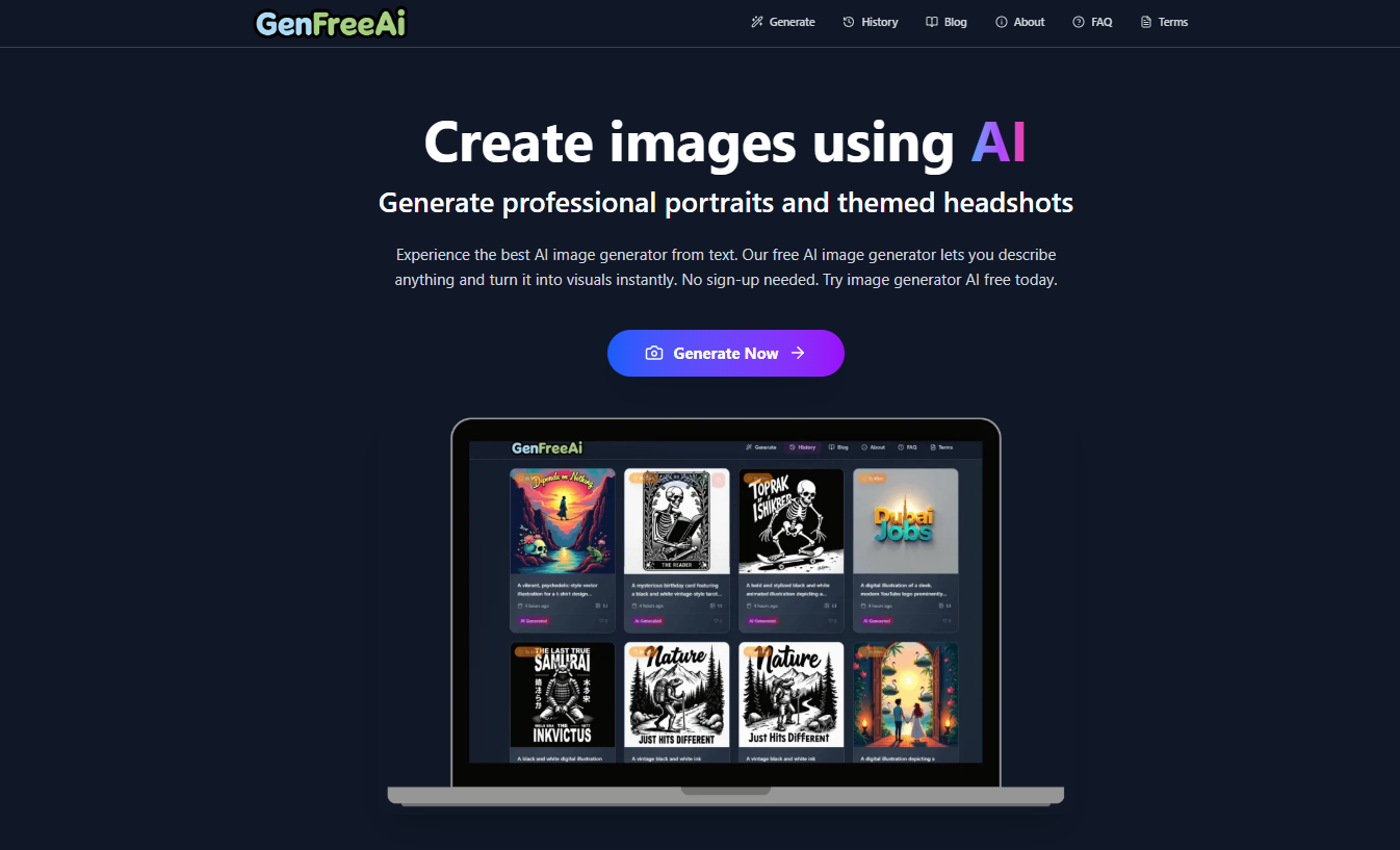GenFreeAI Design showing ai art - 100% Free Text To Image Generator
