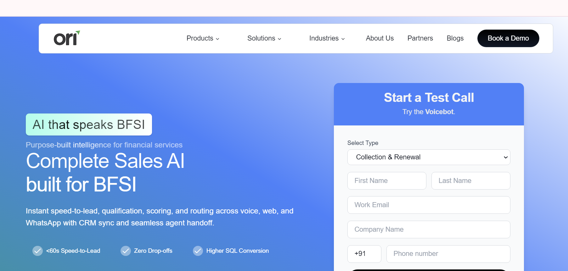 Oriserve Conversational AI interface showing Conversational AI and features