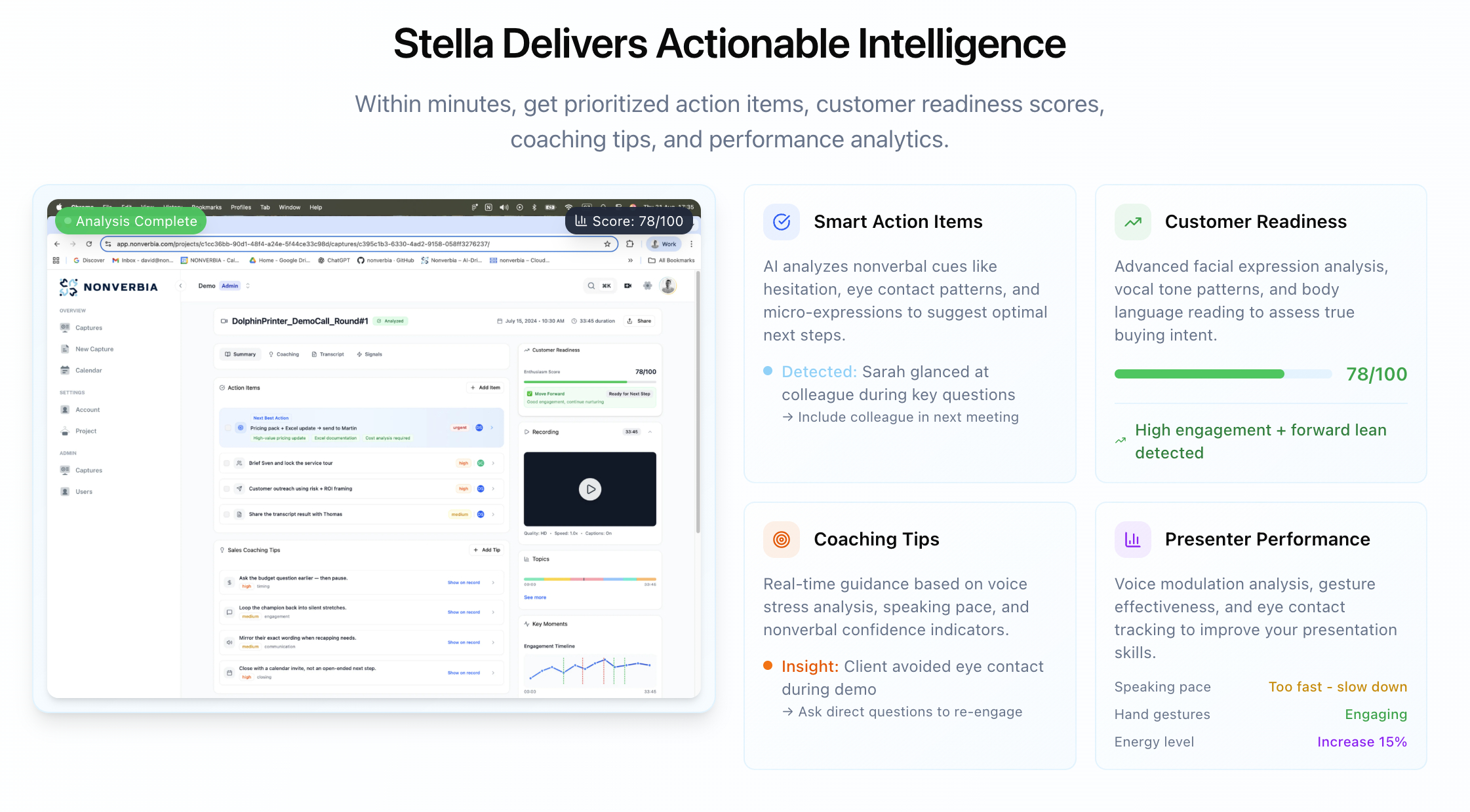 Nonverbia Conversational AI showing sales enablement; conversation intelligence; nonverbal analytics; video meetings; sales c