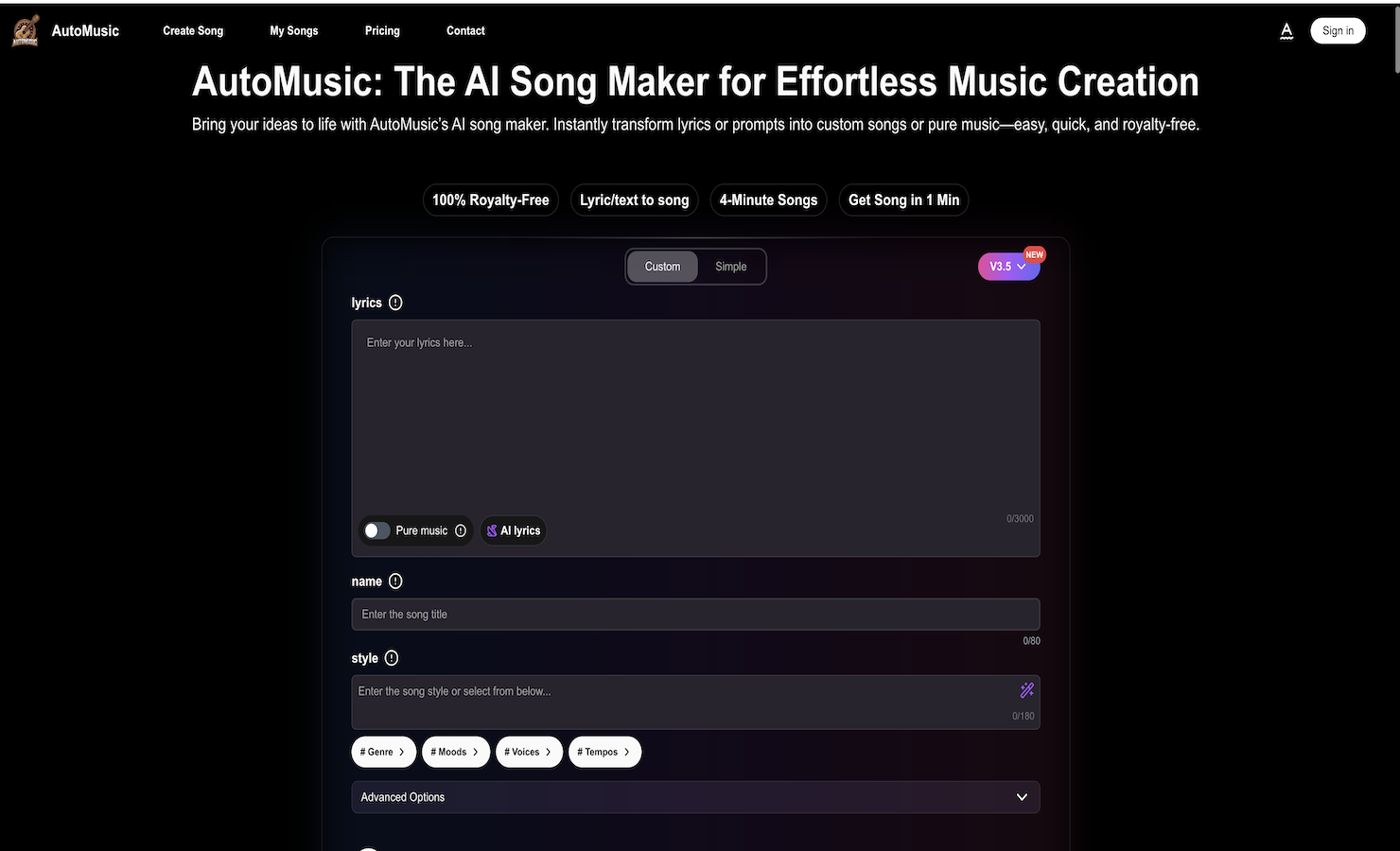 Automusic: Ai song maker Music Generation interface showing ai music generation； text to song； and features