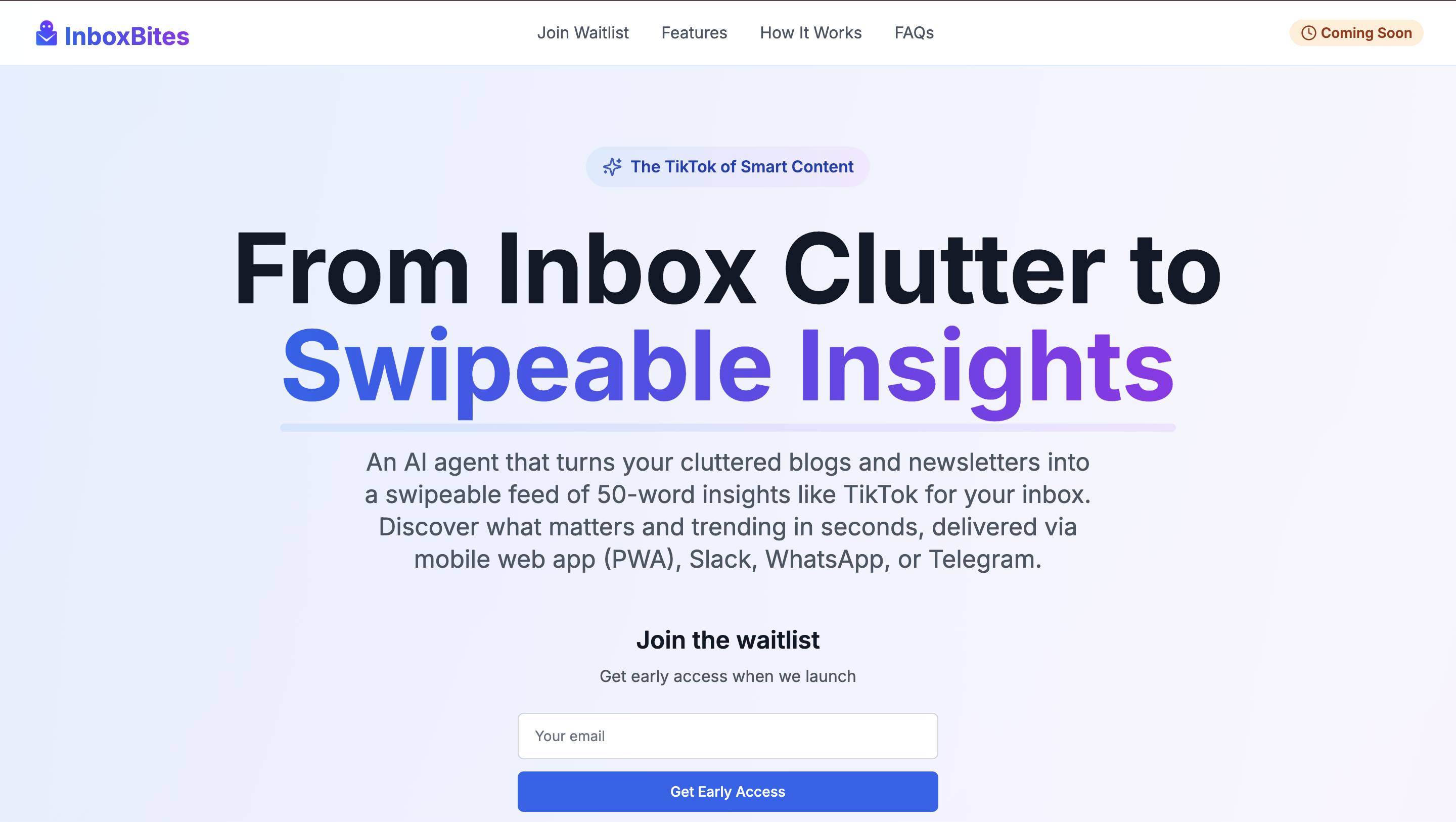 InboxBites Conversational AI showing marketing - Stop reading noise. Start consuming signal — in your inbox, your Slack, your
