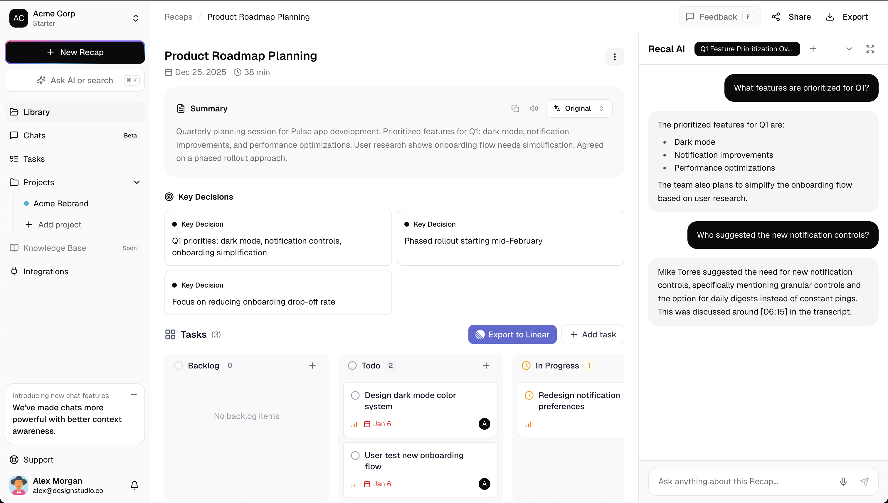 Recal Productivity & Collaboration interface showing Productivity & Collaboration and features